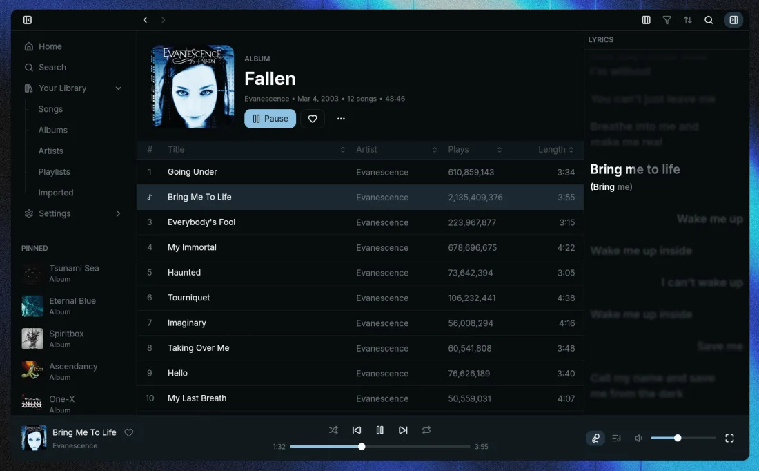 An album page in Sonora with the lyrics panel open